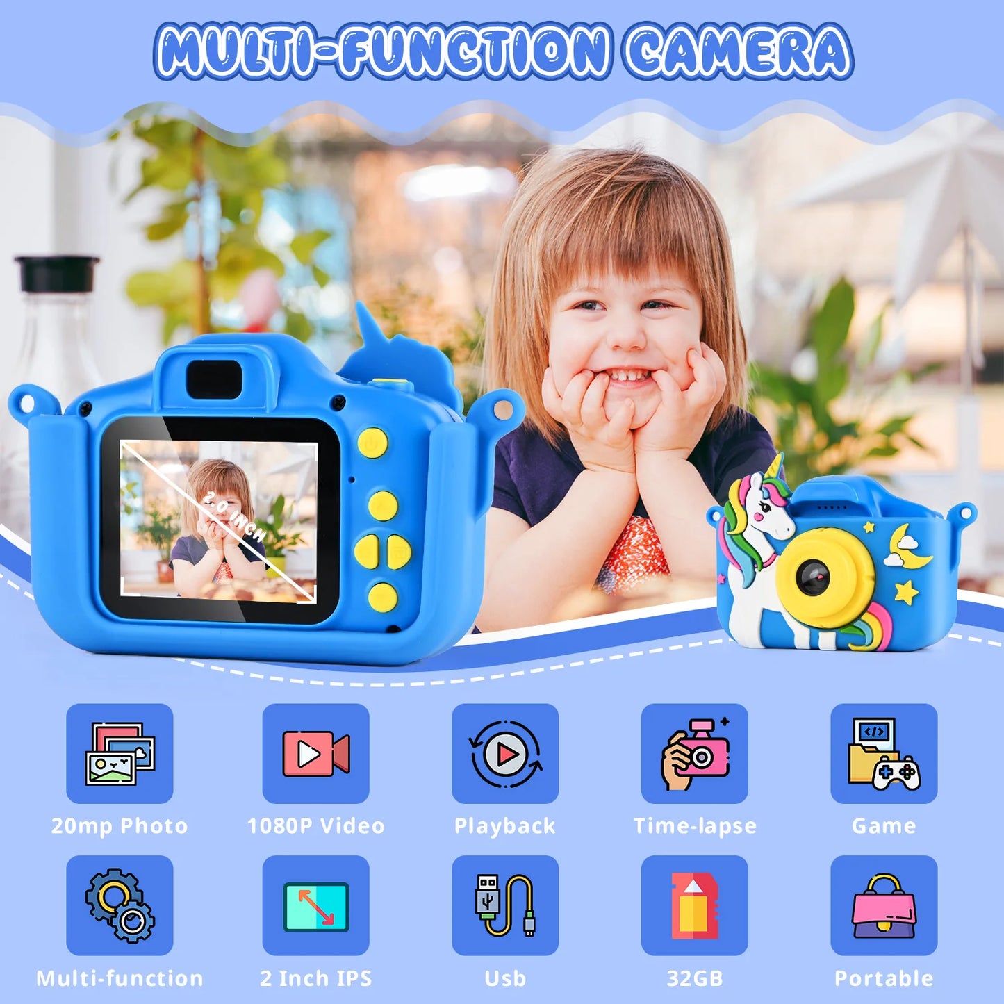Kids Camera 1080, 2.0 Inch Screen 32GB SD Card, Kids Photo Machine Gifts 3 4 5 6 7 years old