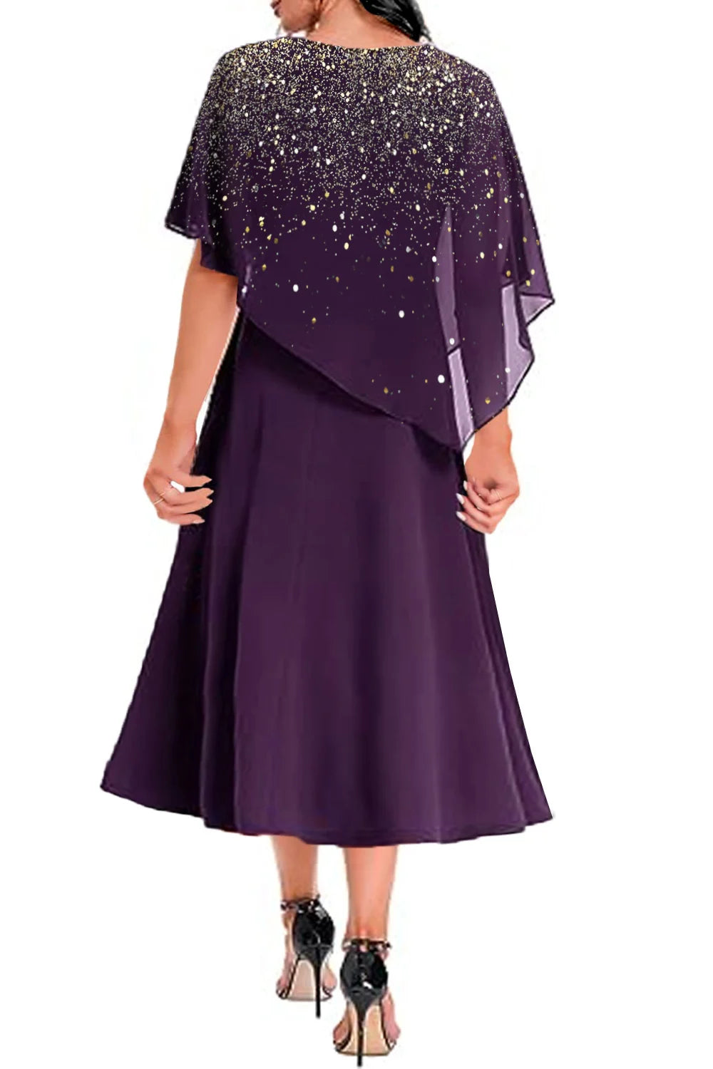 Plus Size Casual Purple Chiffon Glitter Print Layered Dress V Neck