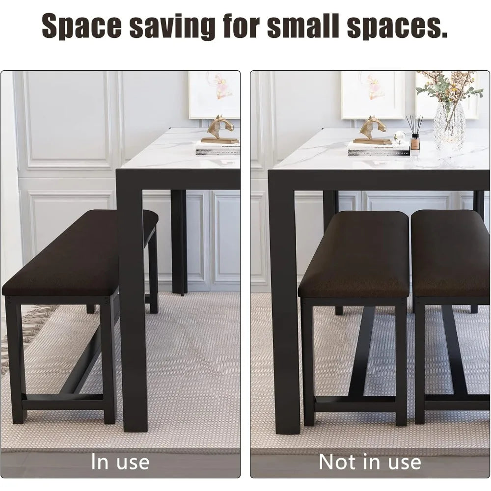 Dining Room Table Set with 2 Benches,  Seat for 4-6,  Marble and Leather Upholstered