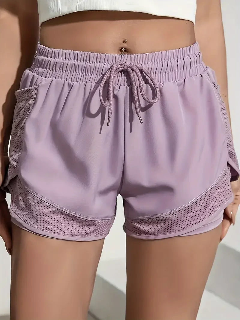 Women Running Sport Shorts High Waist Breathable Mesh Sweat Fitness Shorts Elasticity 2 in 1 Pants Yoga