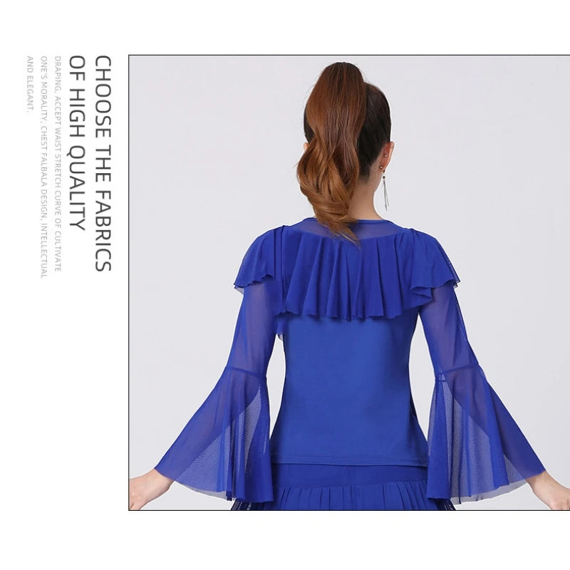 Ruffle Leader Long Sleeve Dance Tops For Women Solid Colors
