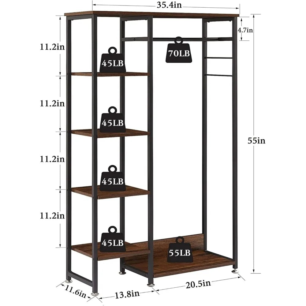 Clothing Rack, Free-Standing Heavy Duty Storage Closet with 5 Shelves and Hanging Rod for Small Spaces