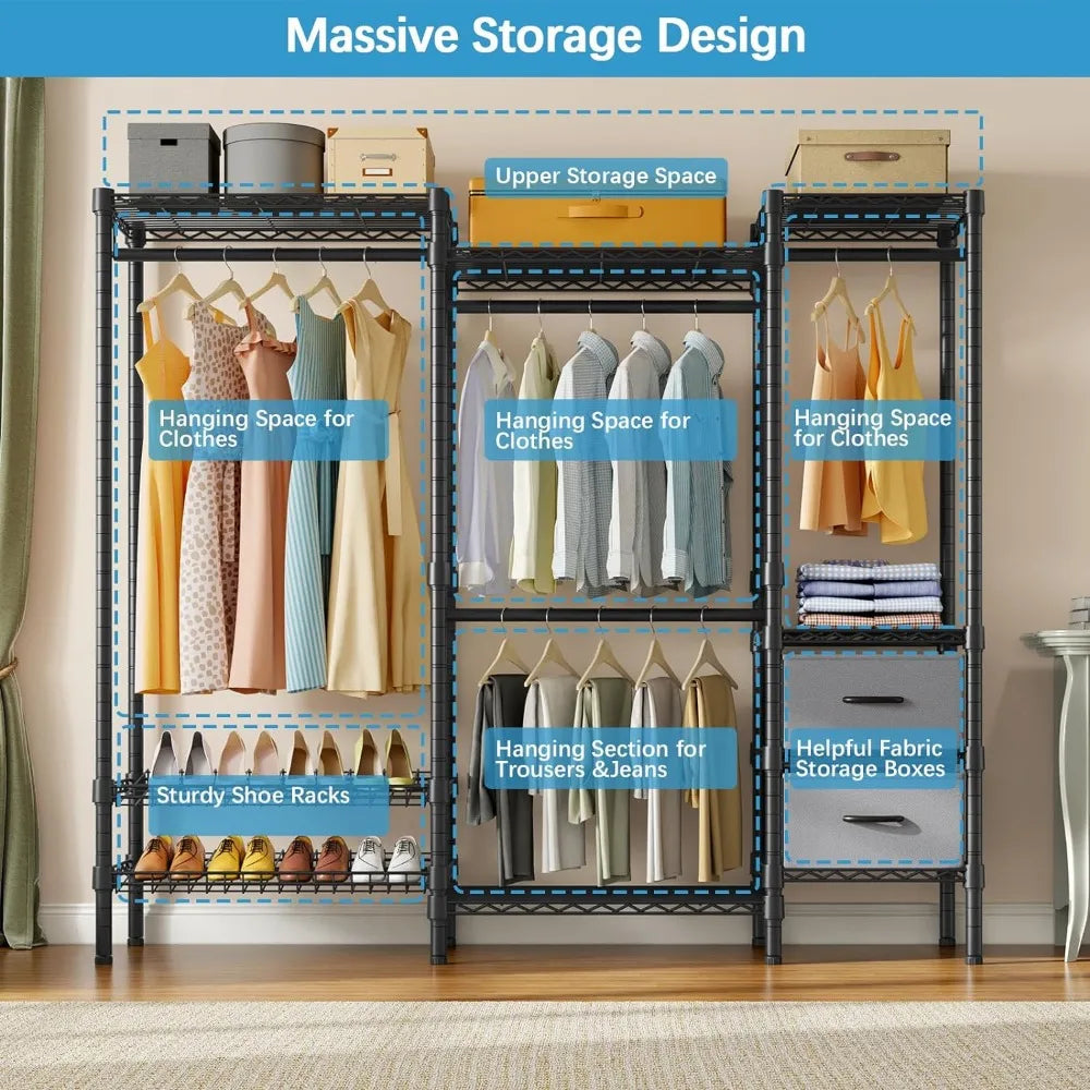 Heavy Duty Clothes Rack with Adjustable Shelf, 2 Storage Drawers, 2-Tier Shoes Racks,