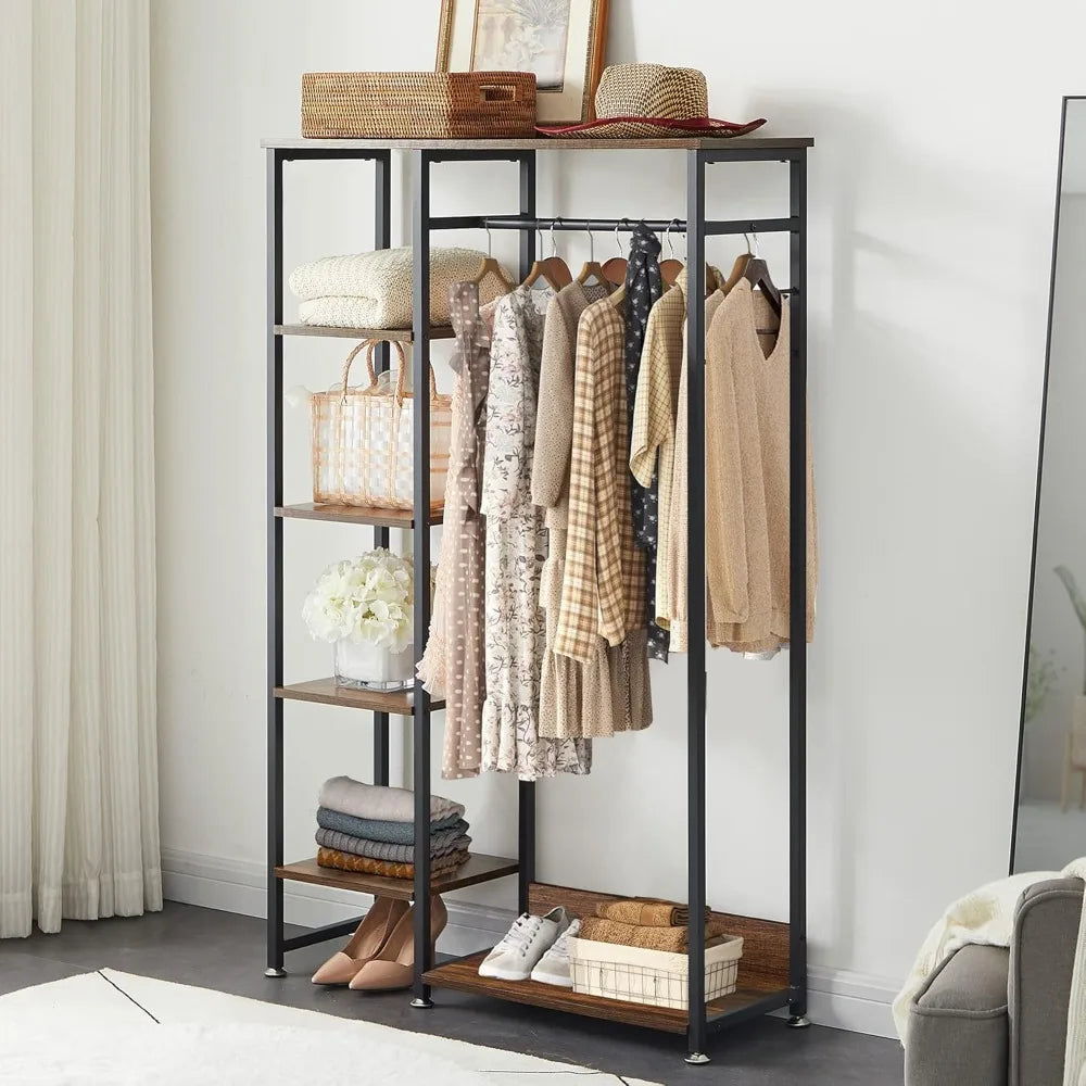 Clothing Rack, Free-Standing Heavy Duty Storage Closet with 5 Shelves and Hanging Rod for Small Spaces