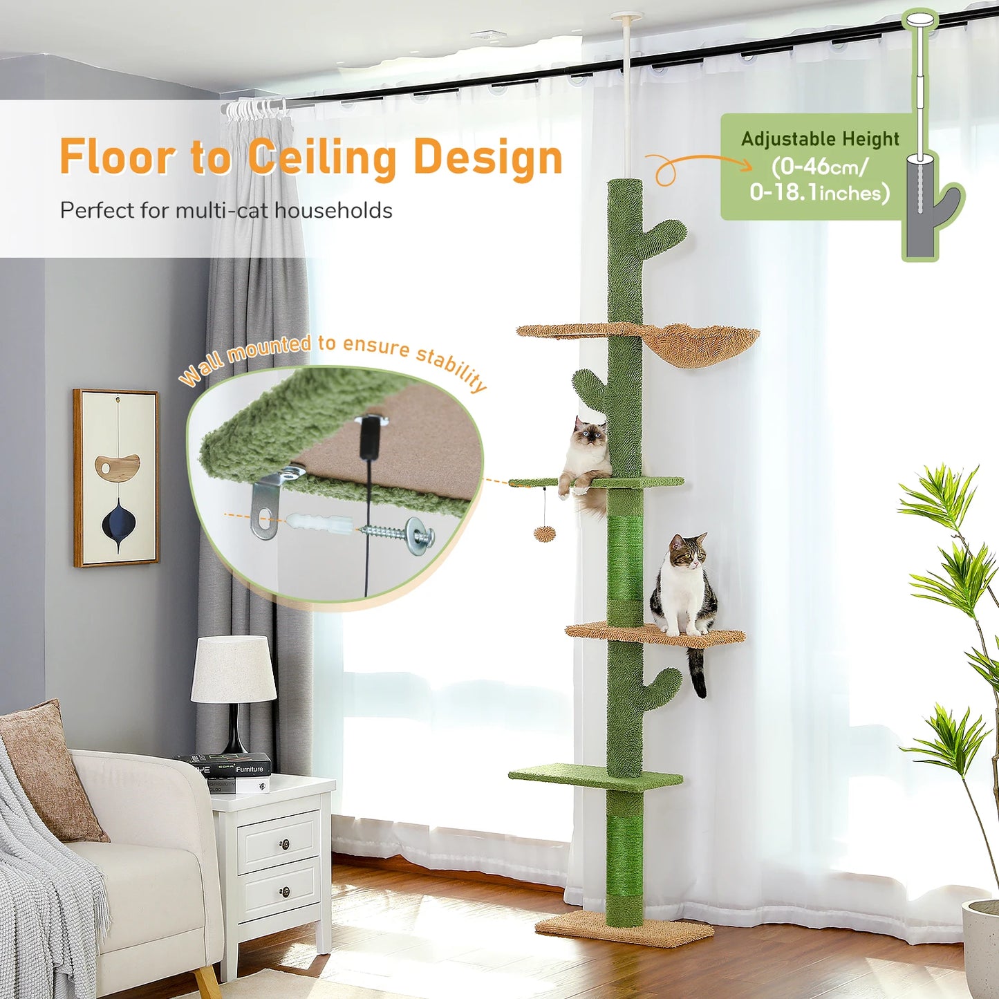 Cat Tree 5-Tier Floor to Ceiling Cat Tower Cactus Tall Climbing Tree
