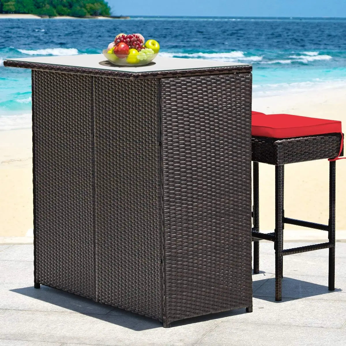 , 3 Piece Outdoor Rattan Wicker Bar Set with 2 Cushions Stools & Glass Top Table, for Patios