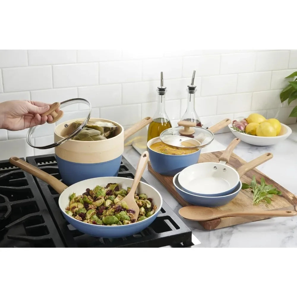 Ceramic Titanium-Infused Cookware Set,Light Blue–Pots,Pans,Steamer,Spoon&Turner–Induction Cookware Kitchen Pots Pans Set