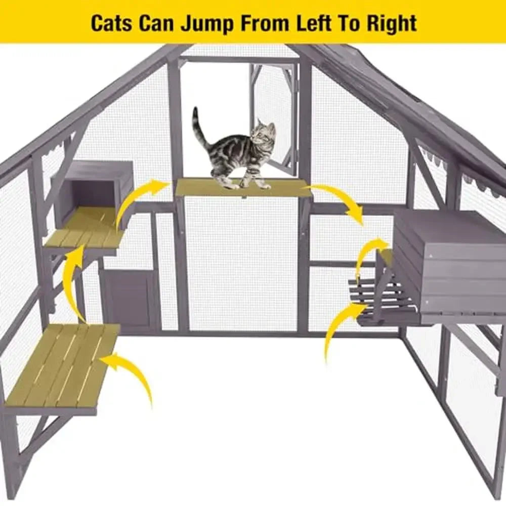 Large Outdoor Cat Enclosure Run with Bridges Walks Resting Rooms Houses Roof Cover