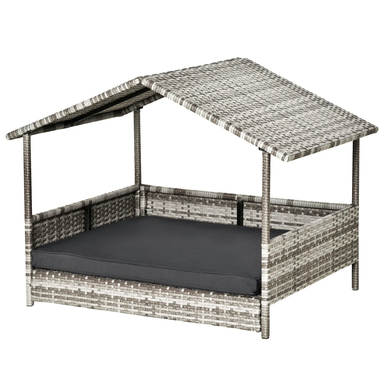 Elevated Wicker Dog House Raised Rattan Pet Bed Cabana w/ Cushion Canopy Grey