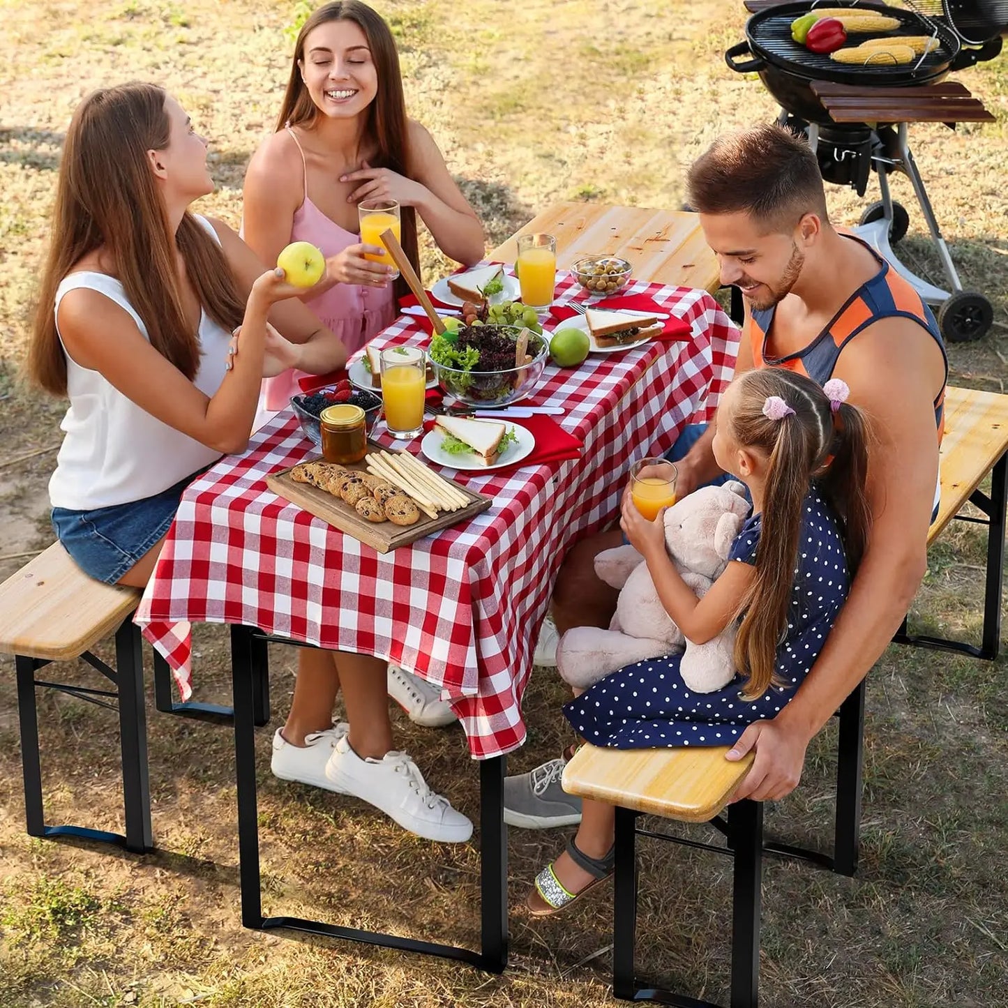 Folding Picnic Tables with Benches Set, Weather-Resistant Wooden Beer Garden Table