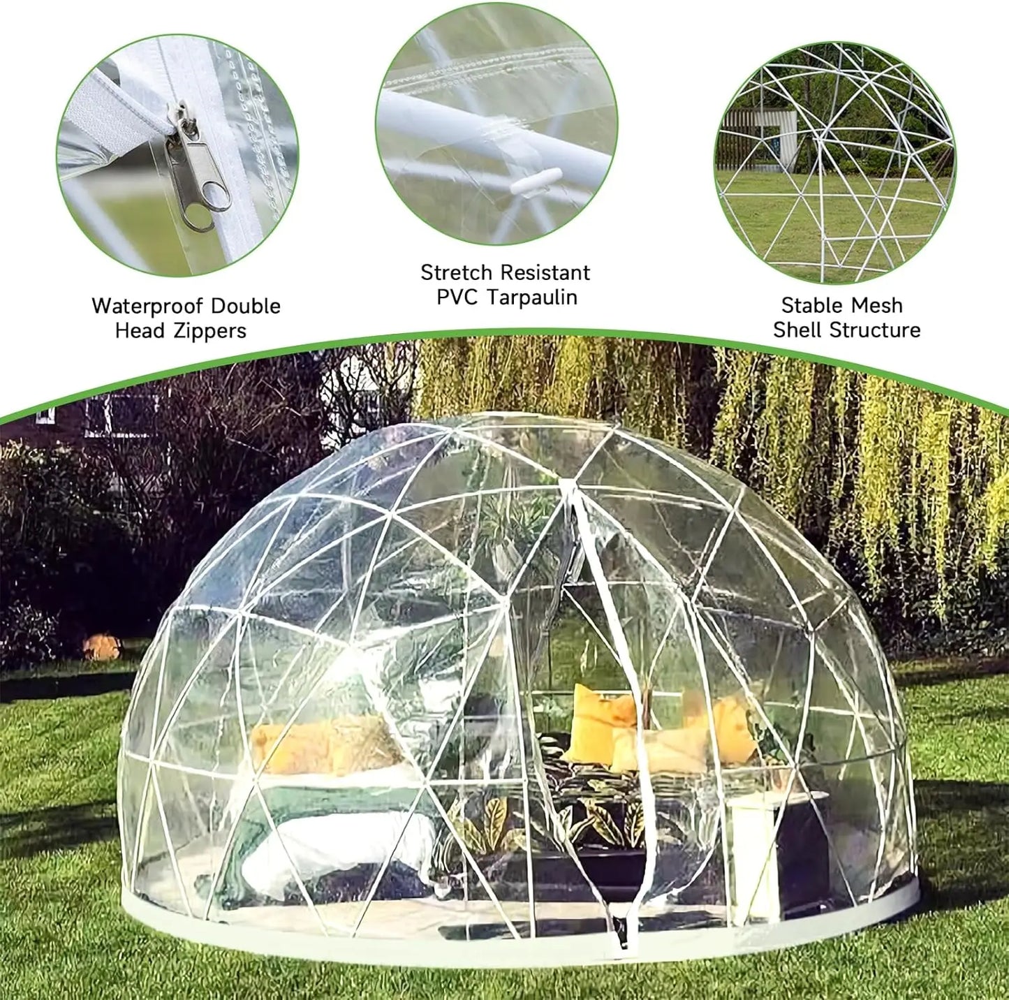 12FT Garden Dome Igloo Tent House Garden with PVC Cover and 2 * 10m Light Strings Weatherproof