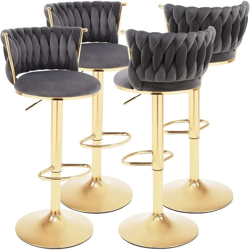 Velvet Bar Stools Set of 4 Swivel Adjustable Height Barstools with Backs Gold Metal