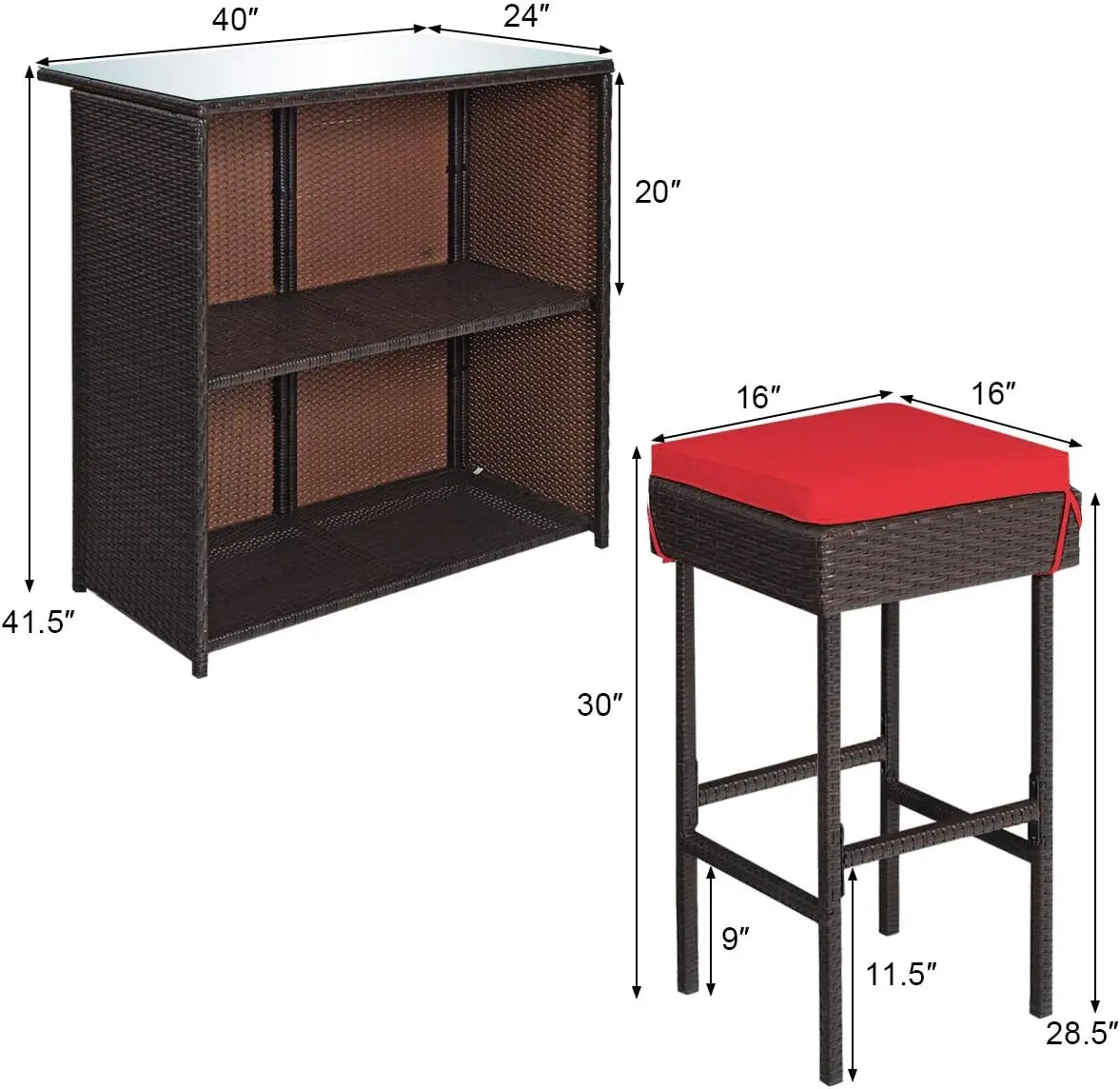 , 3 Piece Outdoor Rattan Wicker Bar Set with 2 Cushions Stools & Glass Top Table, for Patios