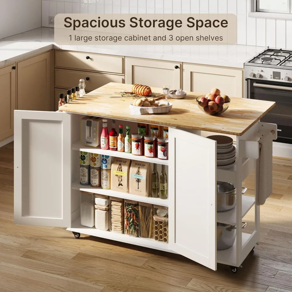 Rolling Kitchen Island with Drop Leaf, 60.6" Width Wood Countertop ,Kitchen Carts