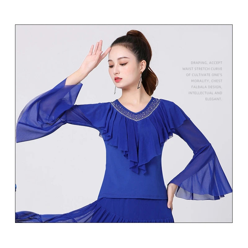 Ruffle Leader Long Sleeve Dance Tops For Women Solid Colors