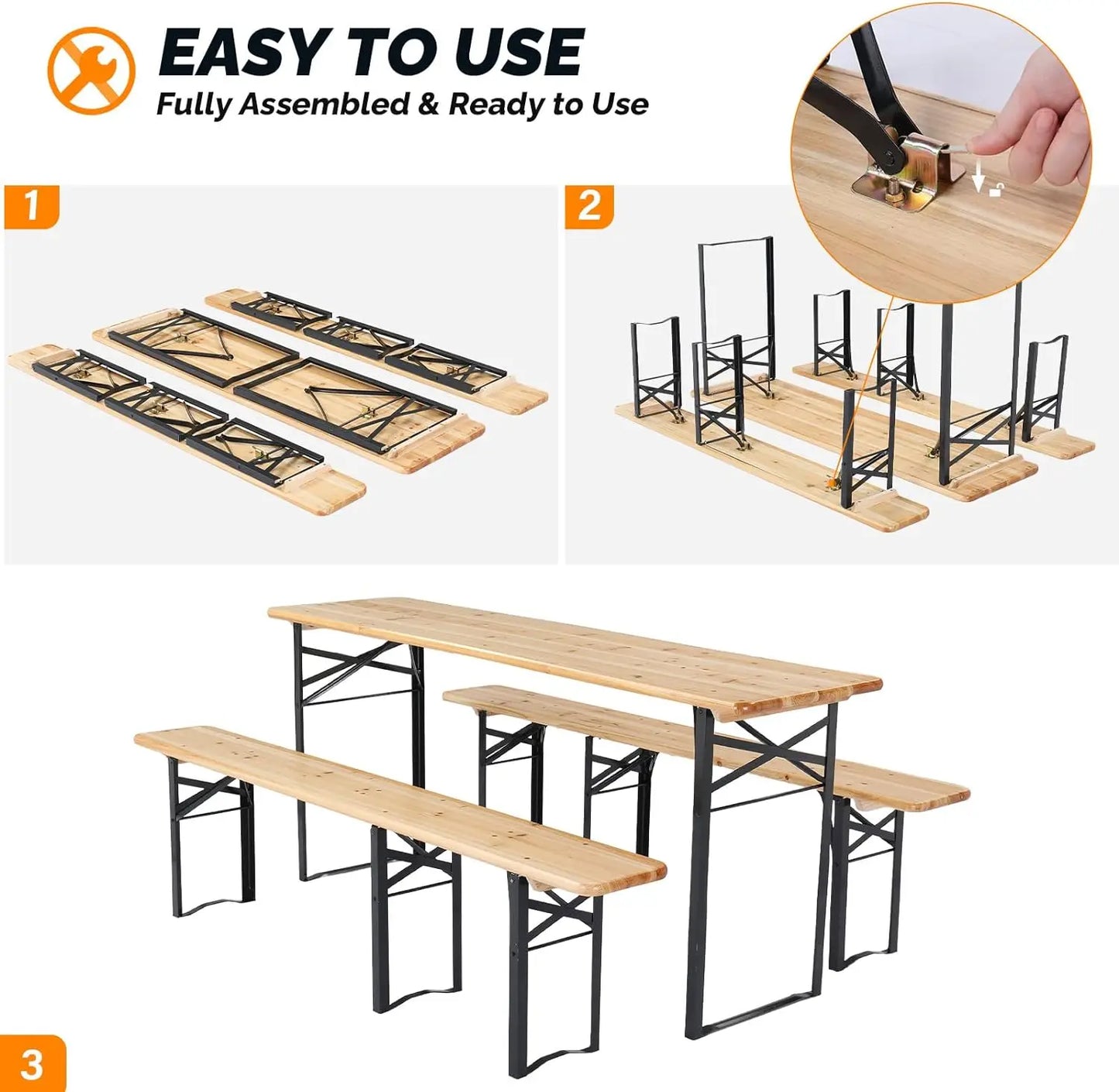 Folding Picnic Tables with Benches Set, Weather-Resistant Wooden Beer Garden Table