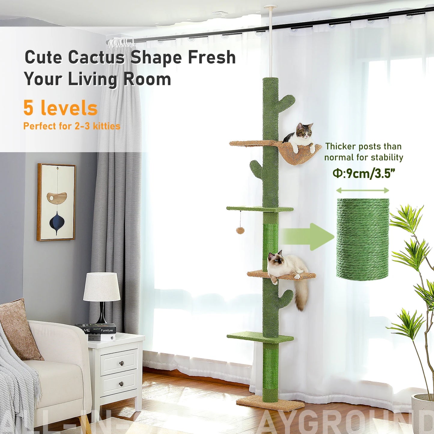 Cat Tree 5-Tier Floor to Ceiling Cat Tower Cactus Tall Climbing Tree