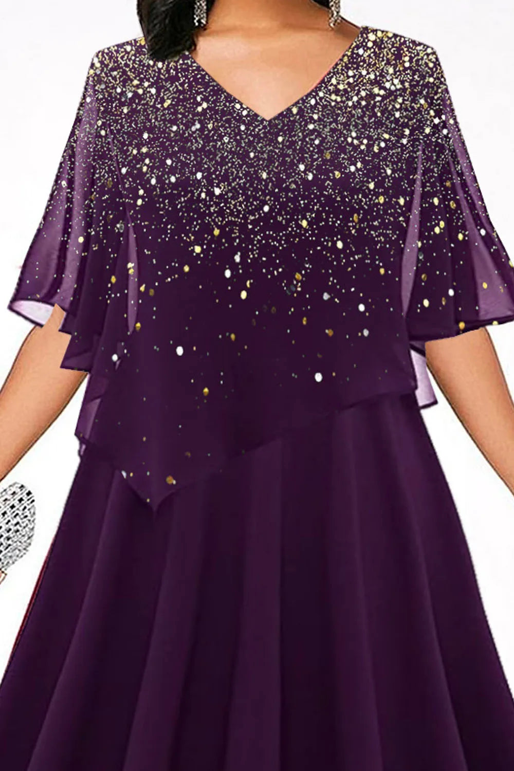 Plus Size Casual Purple Chiffon Glitter Print Layered Dress V Neck