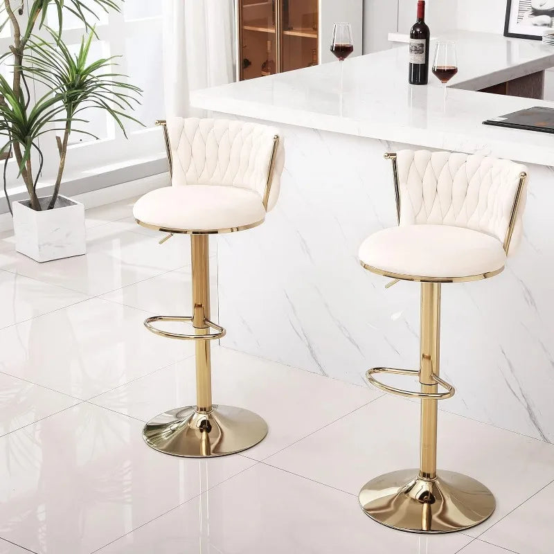 Velvet Bar Stools Set of 4 Swivel Adjustable Height Barstools with Backs Gold Metal