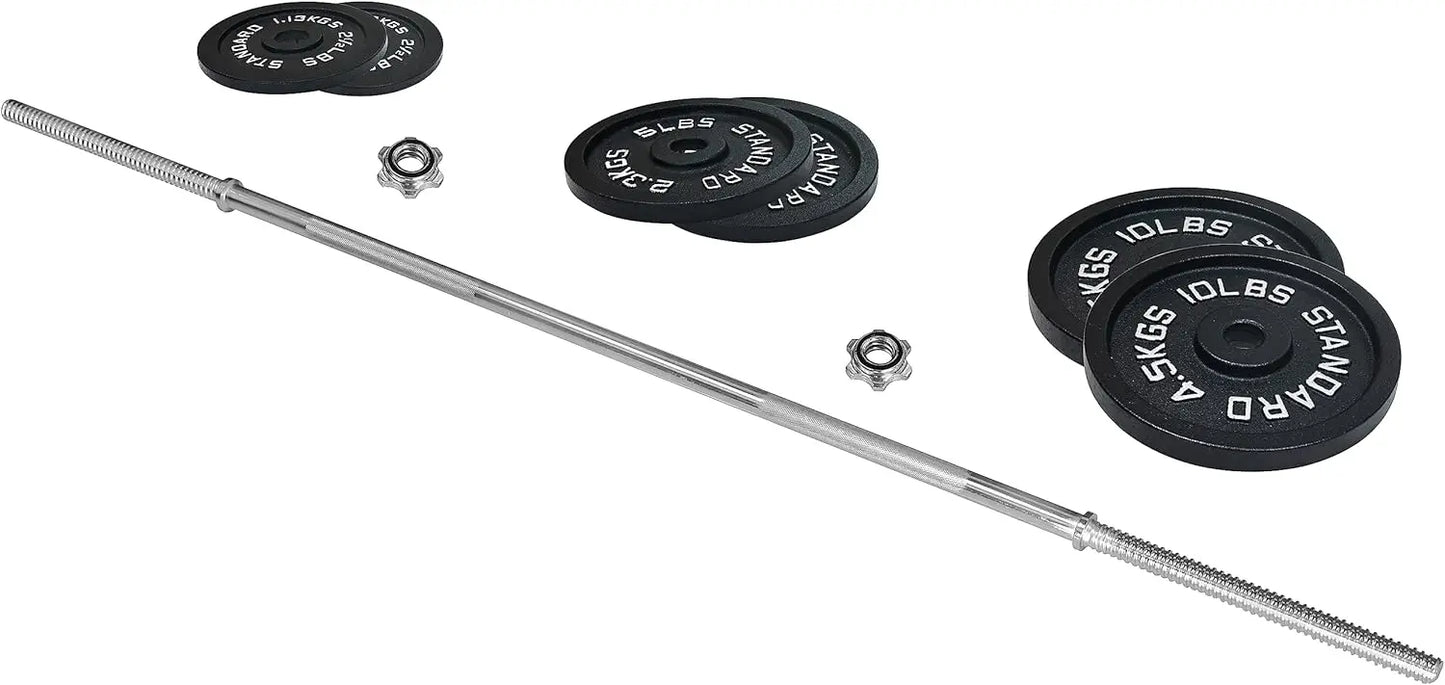 Fitness Cast Iron Standard Weight Plates Including 5FT Standard Barbell with Star Locks, 45-Pound Set
