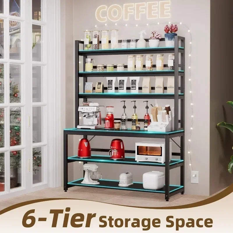 Large Bakers Rack for Kitchens, 6 Tiers  Stand with Hutch & Storage, Freestanding Tall Organizer