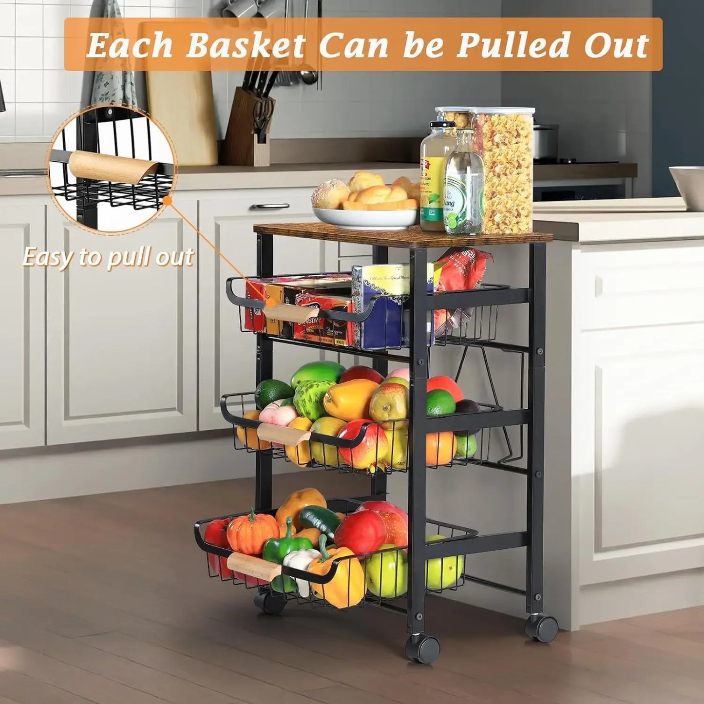 Rolling Storage Cart, 4 Tier Kitchen Island Cart on Wheels with Pull-Out Baskets and Wood Top
