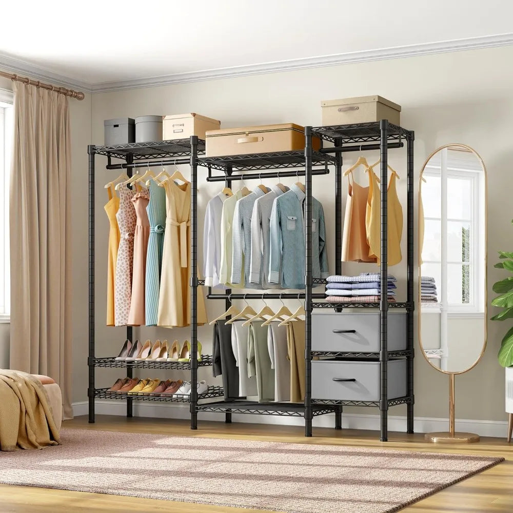 Heavy Duty Clothes Rack with Adjustable Shelf, 2 Storage Drawers, 2-Tier Shoes Racks,