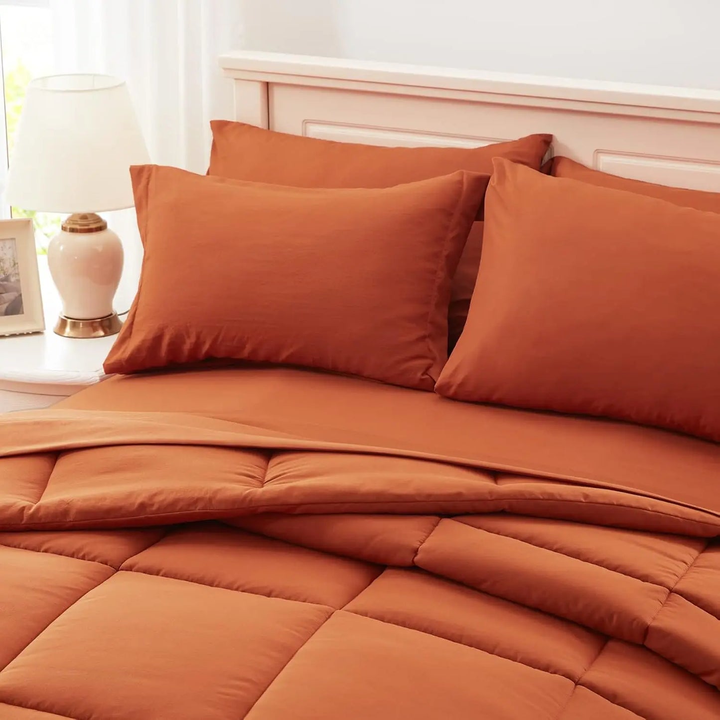 Queen Comforter Set 7 Piece, Burnt Orange Bed in a Bag with Sheets, All Season Sets