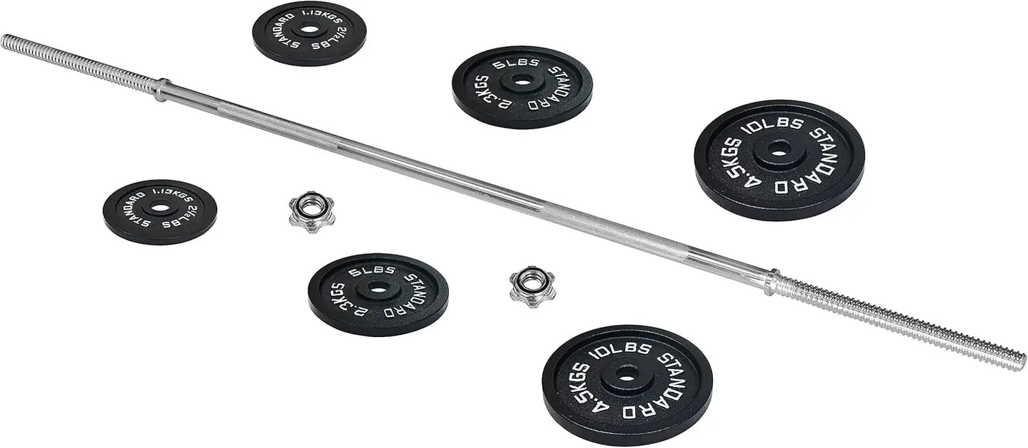 Fitness Cast Iron Standard Weight Plates Including 5FT Standard Barbell with Star Locks, 45-Pound Set