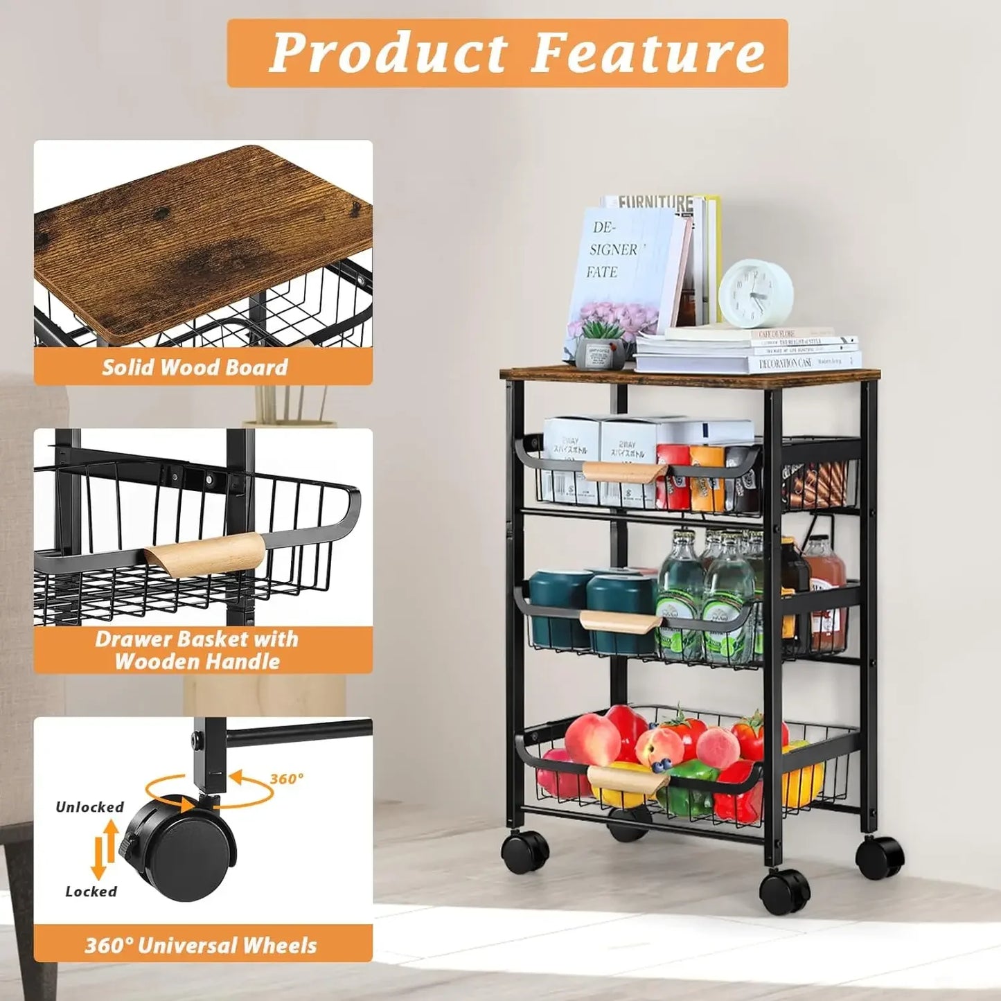 Rolling Storage Cart, 4 Tier Kitchen Island Cart on Wheels with Pull-Out Baskets and Wood Top