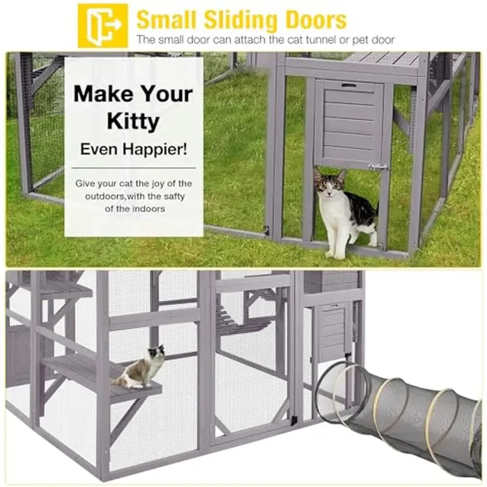 Large Outdoor Cat Enclosure Run with Bridges Walks Resting Rooms Houses Roof Cover