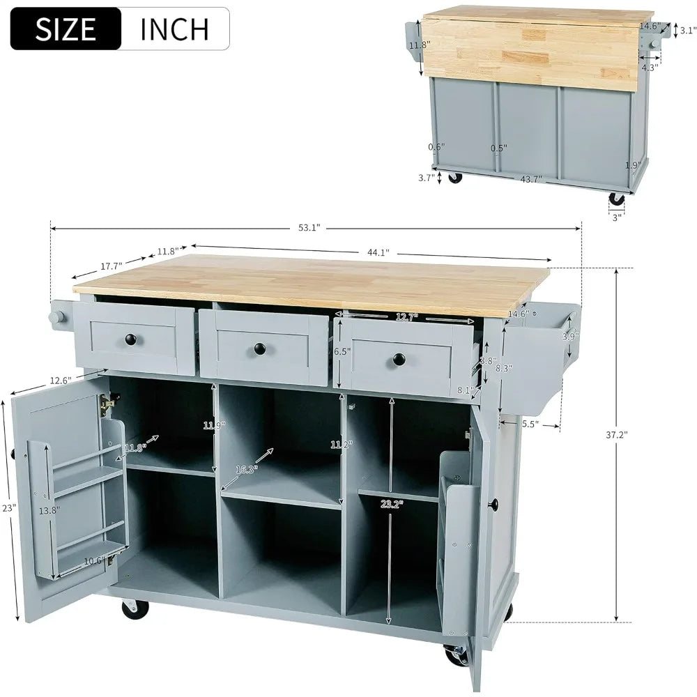 Kitchen Cart on 5 Wheels with Storage Cabinet, Mobile Island with Rubberwood Drop-Leaf Countertop