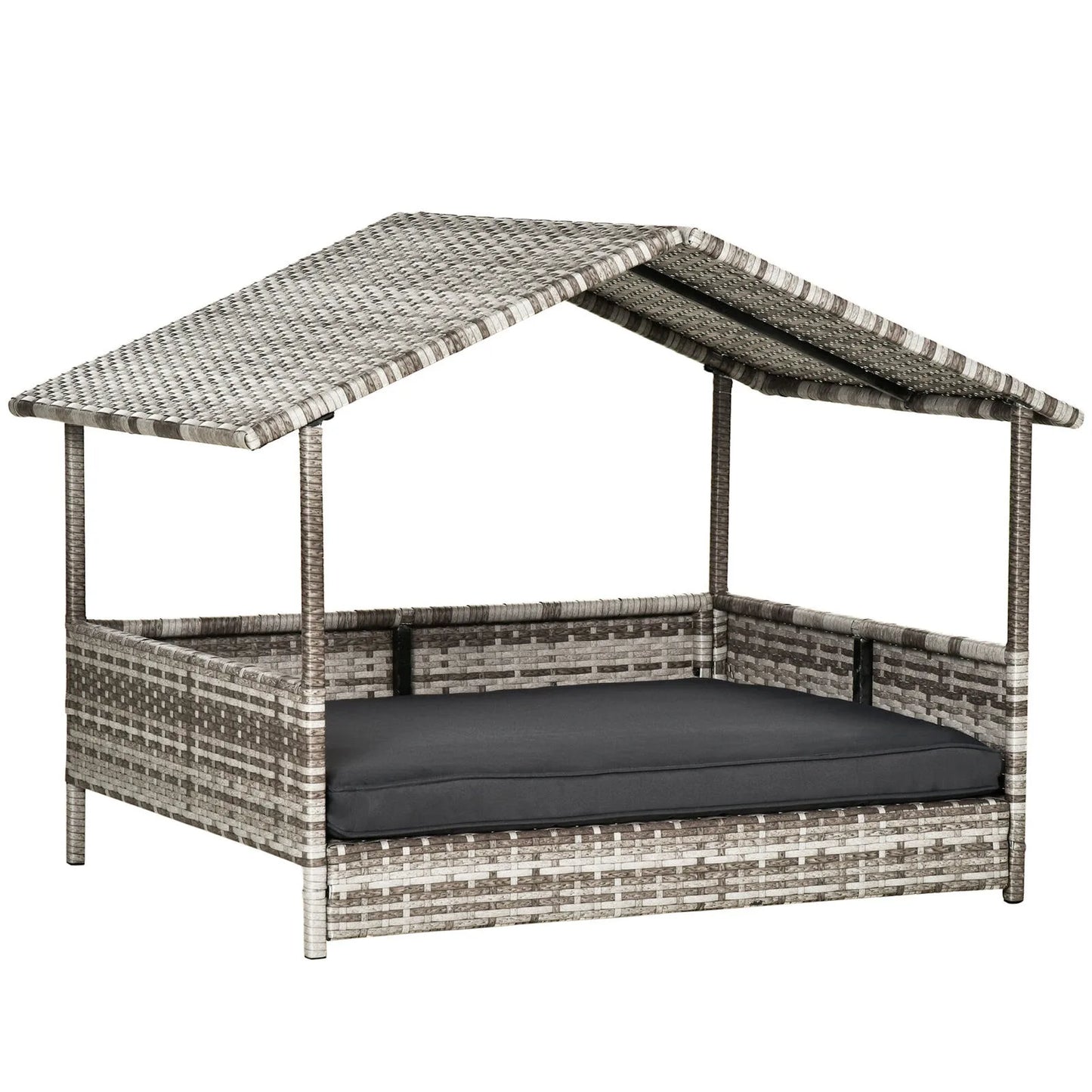 Elevated Wicker Dog House Raised Rattan Pet Bed Cabana w/ Cushion Canopy Grey