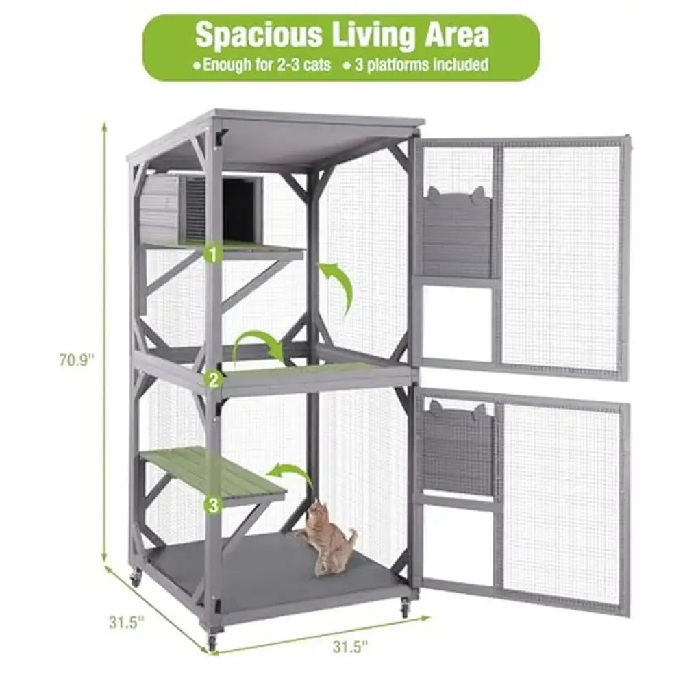 Outdoor Cat House Enclosure with 4 Wheels Large Wood Kitty Catio Resting Box 3-Tiered