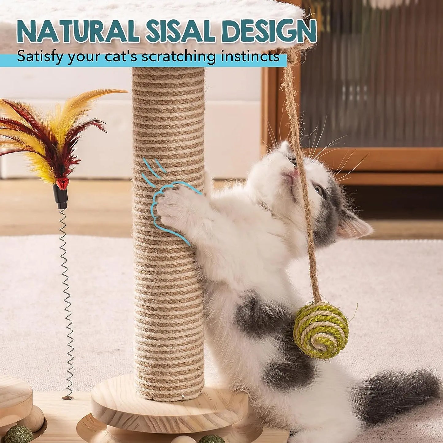 Cat Scratching Post for Indoor Cats with Soft Rabbit Fleece Toys