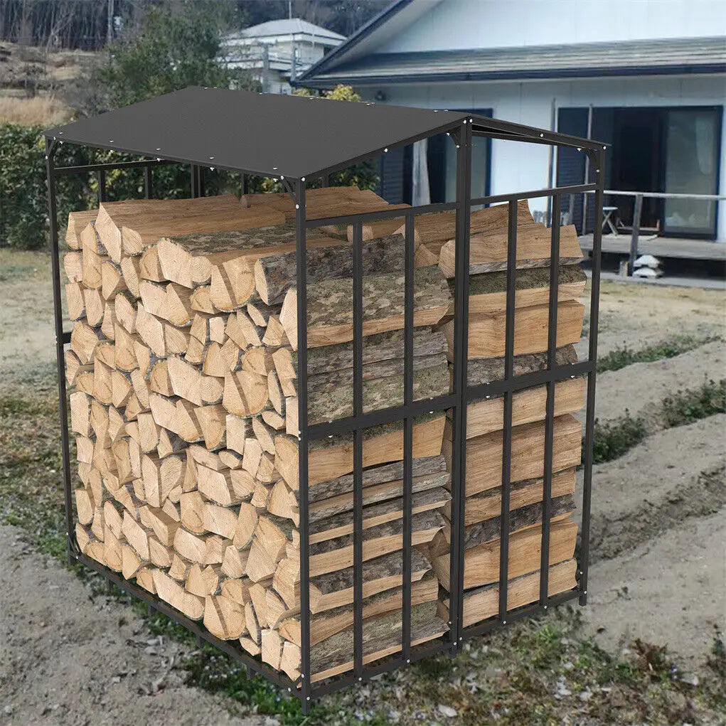 Heavy Duty Outdoor Firewood Storage Log Rack Metal Stand with Top Cover
