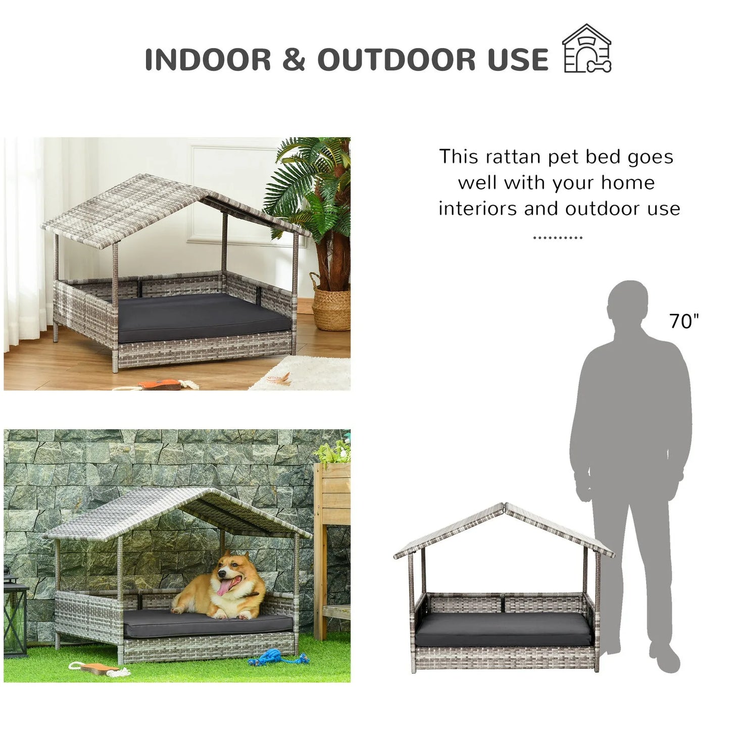 Elevated Wicker Dog House Raised Rattan Pet Bed Cabana w/ Cushion Canopy Grey