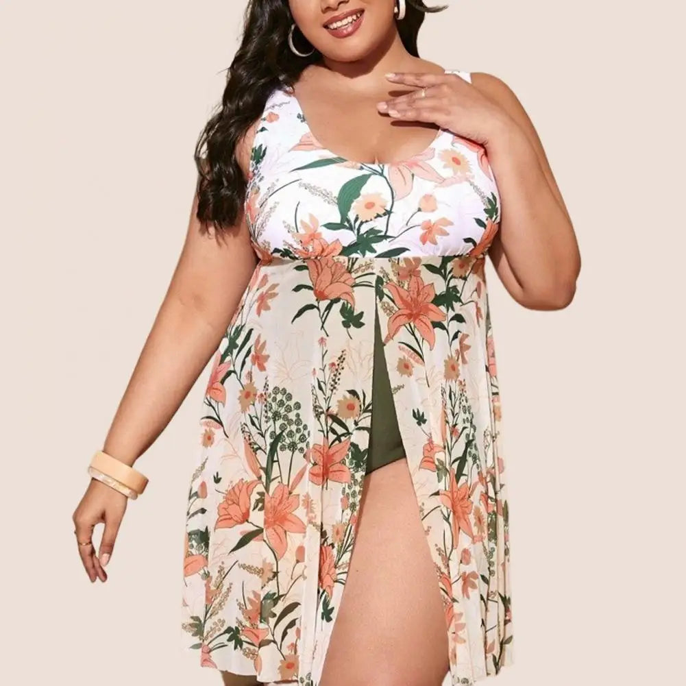 Plus Size Women Hawaii Monokini Split One-Piece Swimsuit Control Tummy