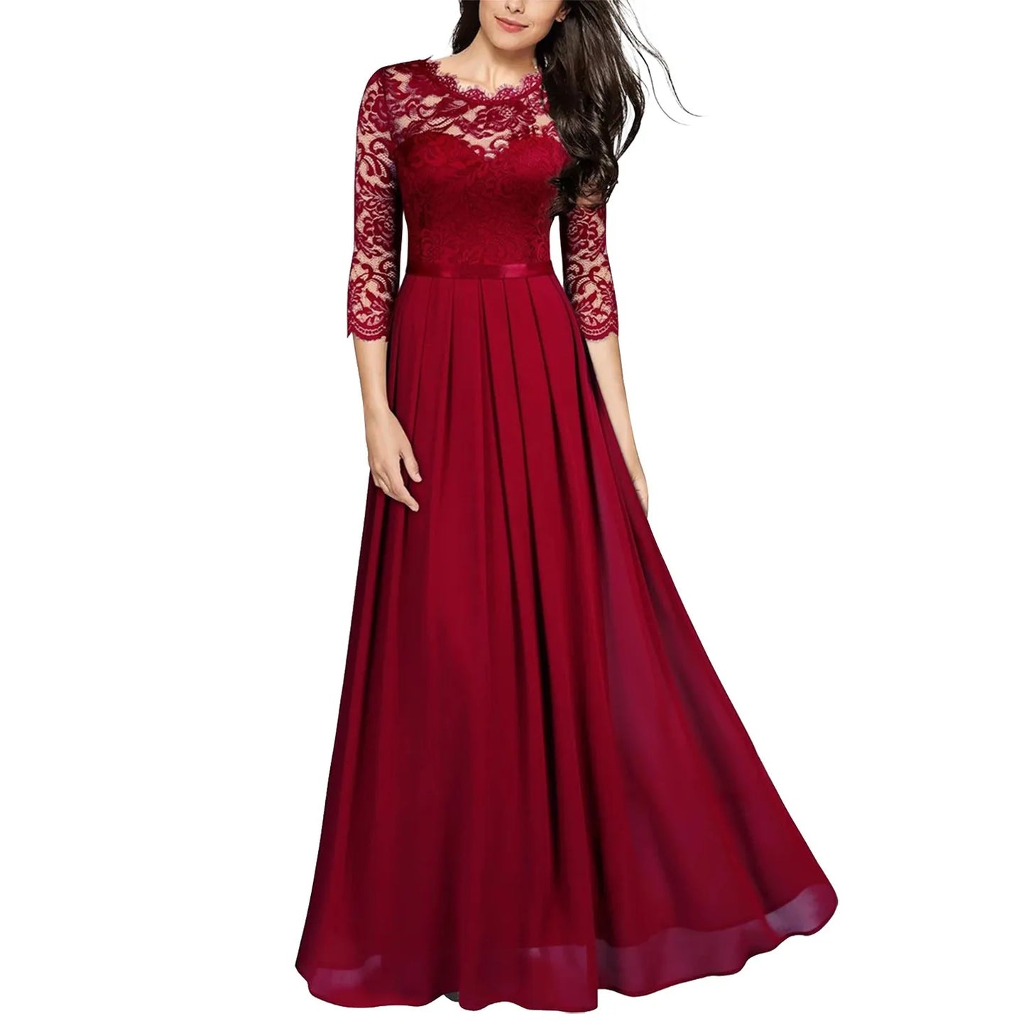 Solid Color Elegant Dresses for Women Lace Chiffon Hollowed Pleated Large Hem A-Line