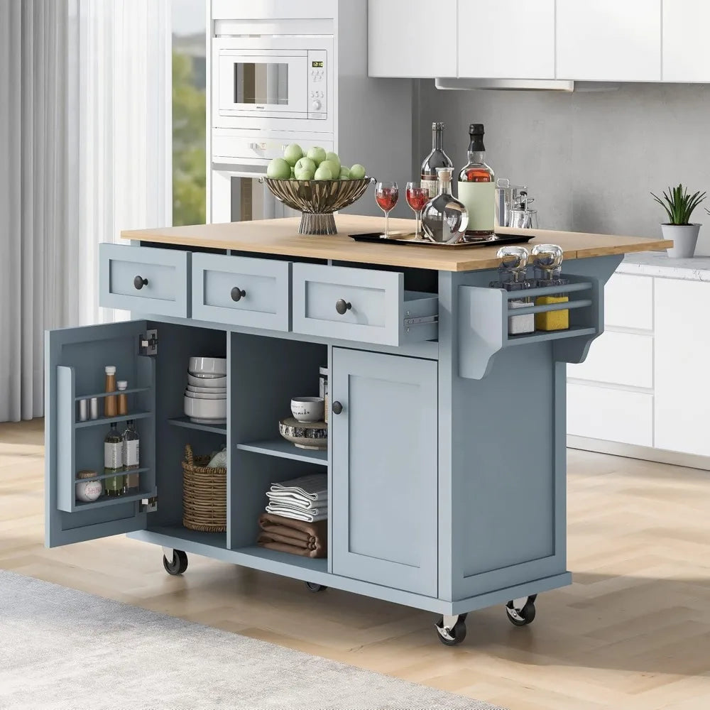 Kitchen Cart on 5 Wheels with Storage Cabinet, Mobile Island with Rubberwood Drop-Leaf Countertop