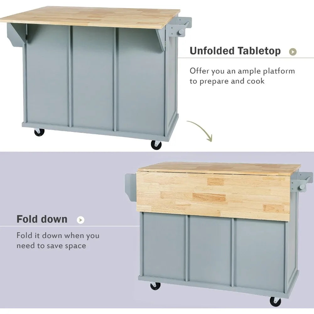 Kitchen Cart on 5 Wheels with Storage Cabinet, Mobile Island with Rubberwood Drop-Leaf Countertop