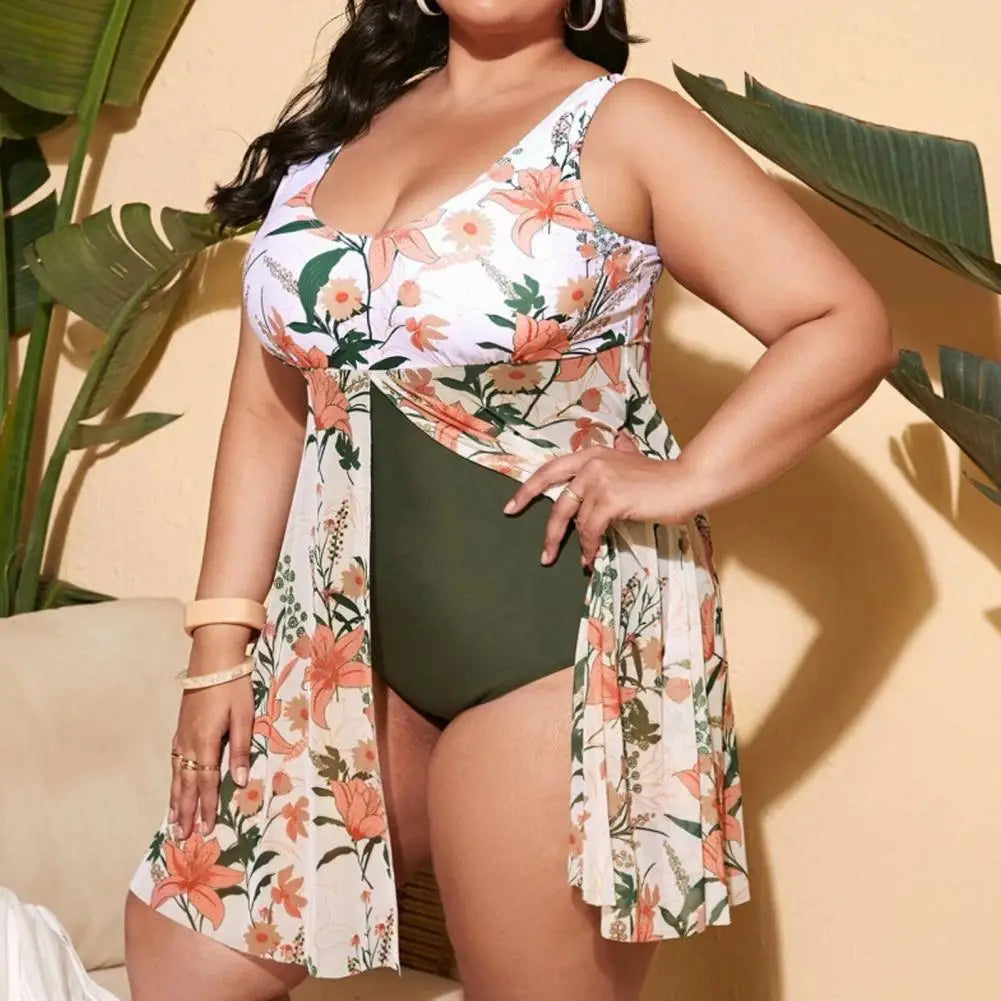 Plus Size Women Hawaii Monokini Split One-Piece Swimsuit Control Tummy