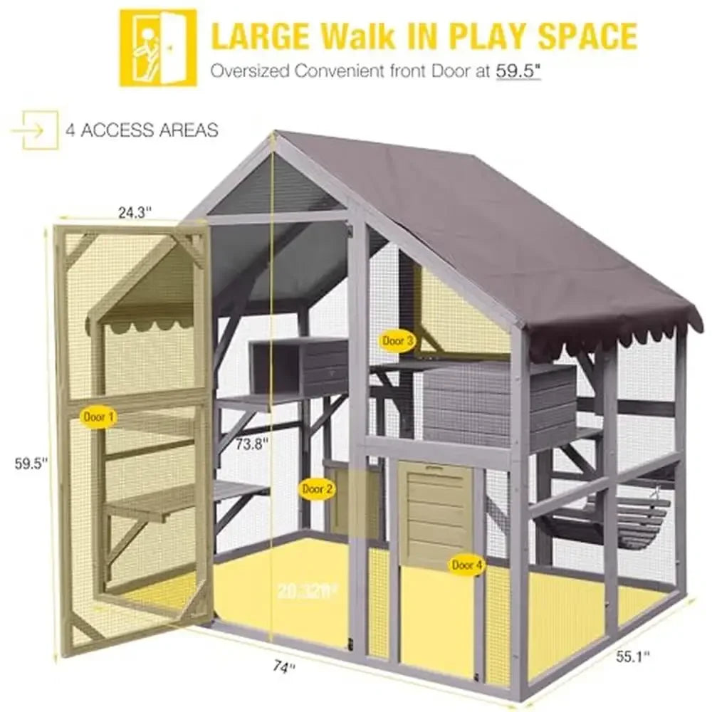 Large Outdoor Cat Enclosure Run with Bridges Walks Resting Rooms Houses Roof Cover