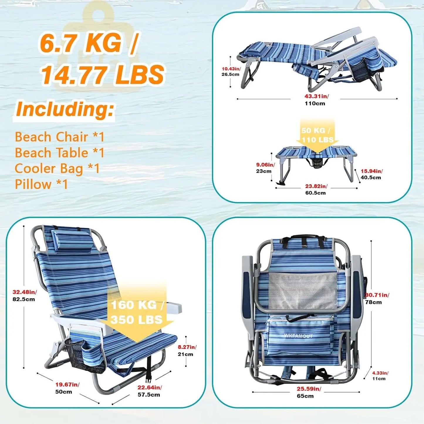 Folding Beach Chairs Set of 2 for Adults Heavy Duty 350Ibs with Camping Table
