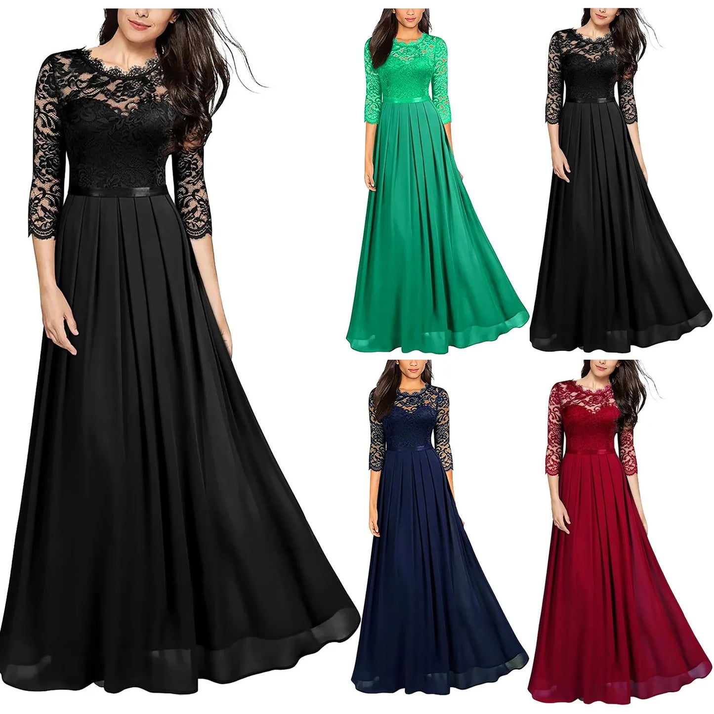 Solid Color Elegant Dresses for Women Lace Chiffon Hollowed Pleated Large Hem A-Line