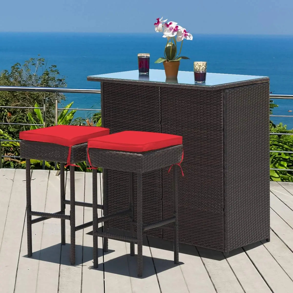 , 3 Piece Outdoor Rattan Wicker Bar Set with 2 Cushions Stools & Glass Top Table, for Patios