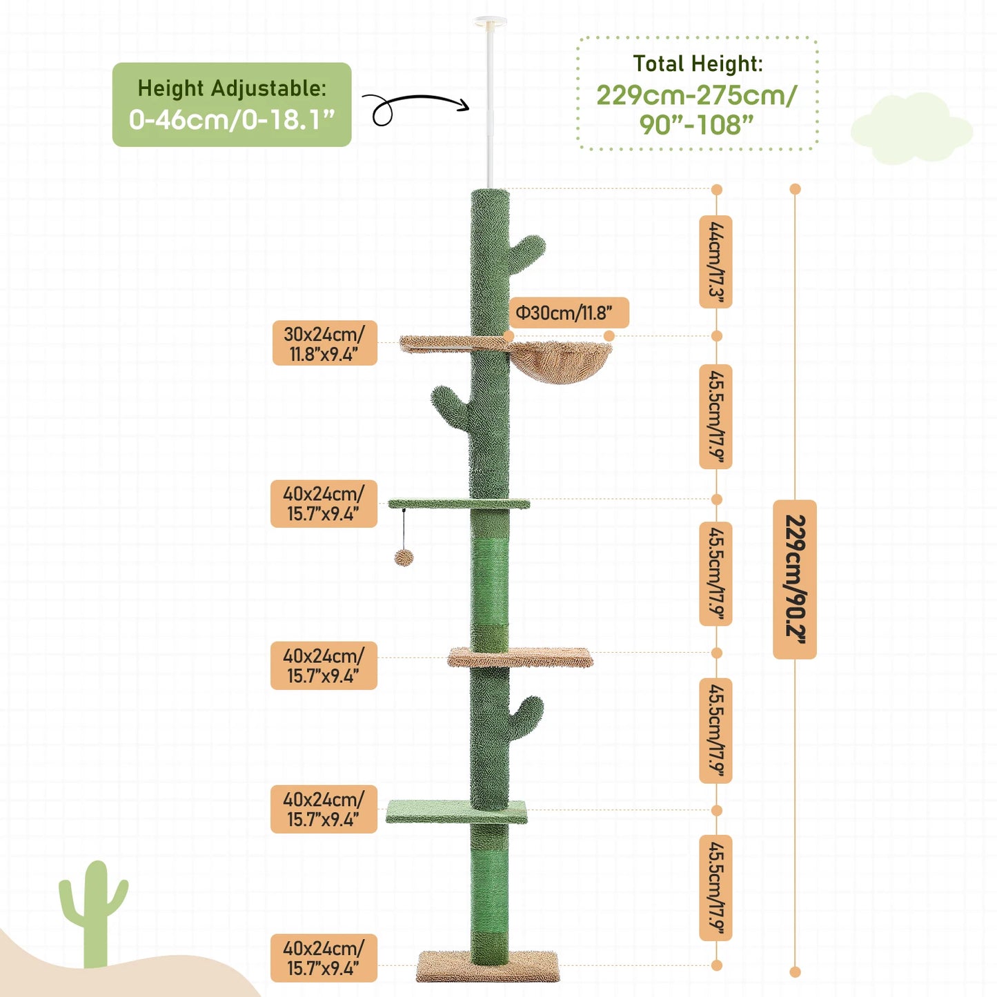 Cat Tree 5-Tier Floor to Ceiling Cat Tower Cactus Tall Climbing Tree