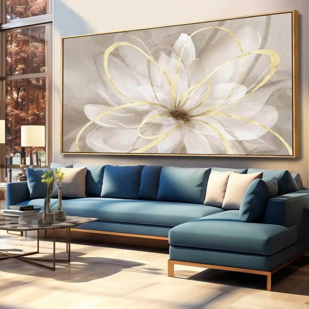 Large Canvas Wall Art Living Room Decors Gold Walls Decor Artwork White Floral 30x60