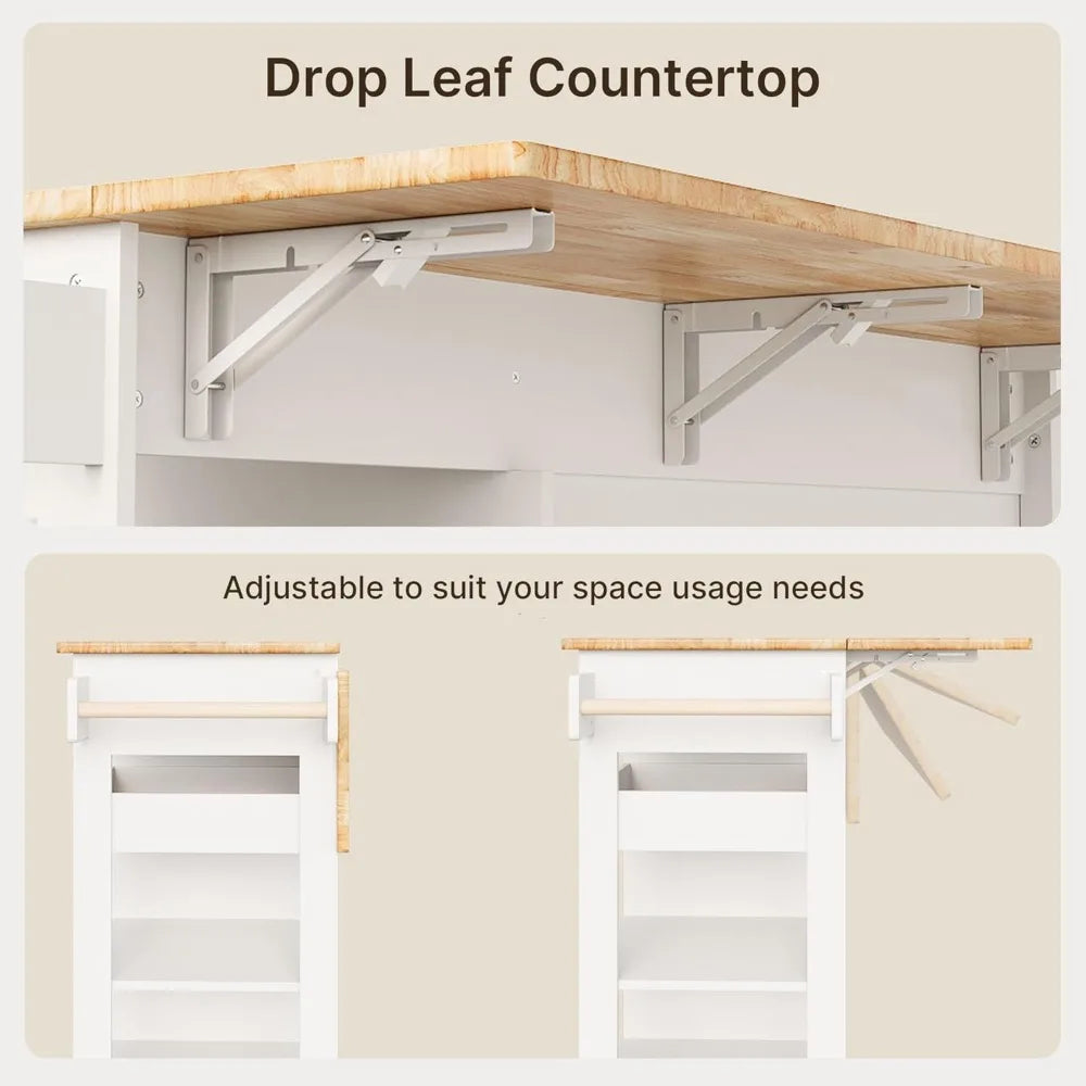 Rolling Kitchen Island with Drop Leaf, 60.6" Width Wood Countertop ,Kitchen Carts
