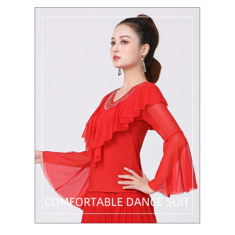 Ruffle Leader Long Sleeve Dance Tops For Women Solid Colors